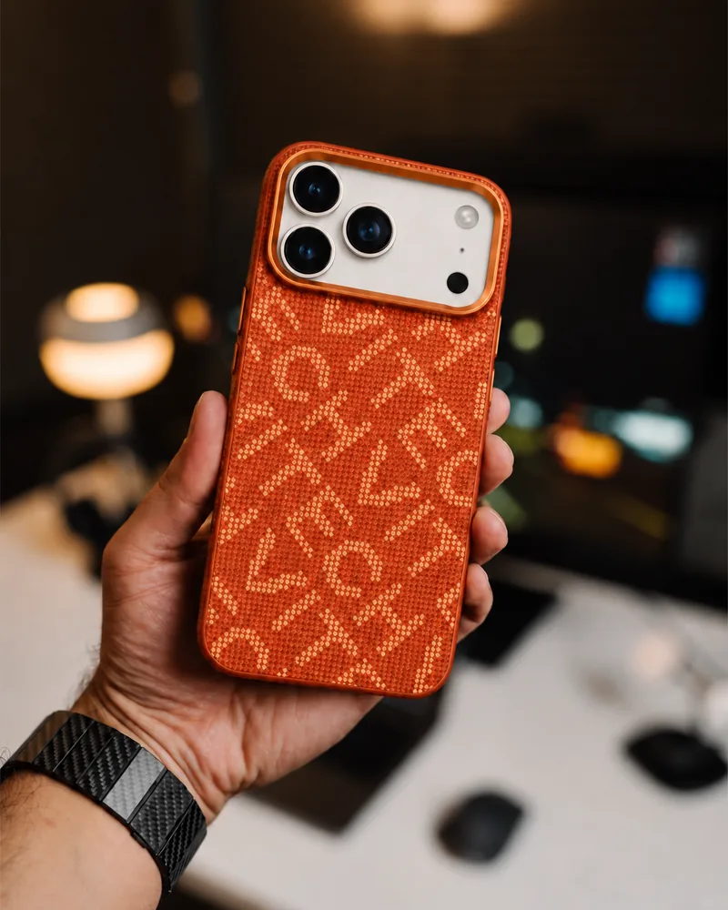 Elde turuncu Vitech monogram kılıflı telefon