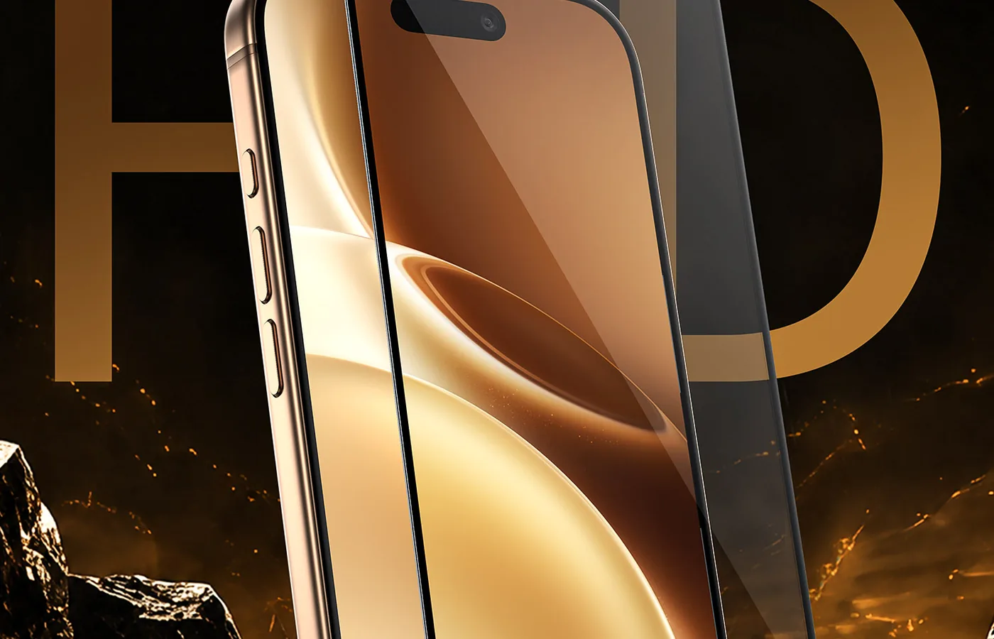 Altın tonlarında telefon ekranı üzerinde Vitech Tempered HD kırılmaz cam