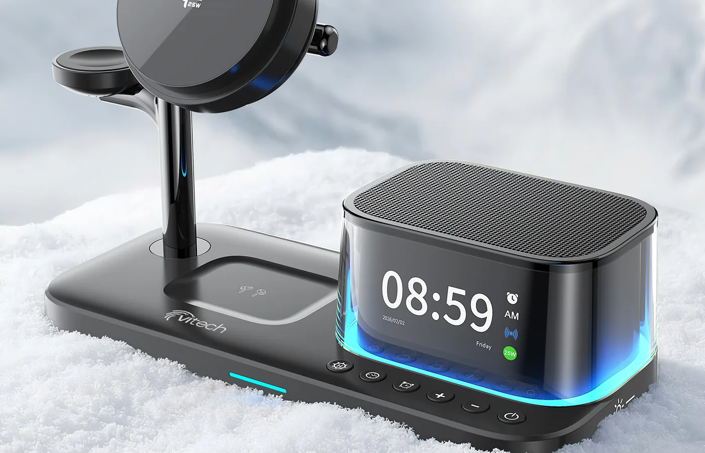 Karlı zeminde Vitech VT-C002 saatli kablosuz şarj standı
